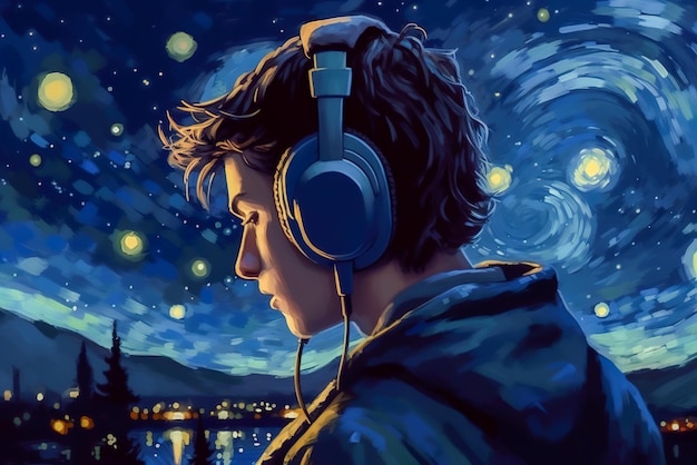 Garoto adolescente com fones de ouvido contra o céu noturno estrelado Generative AI