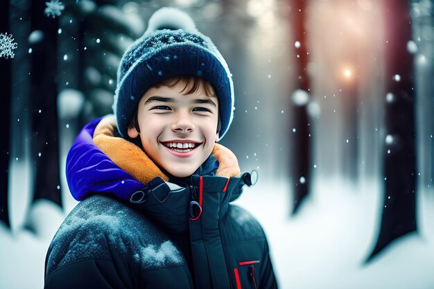 Garoto adolescente feliz olhando neve caindo na floresta de inverno Criança se divertindo ao ar livre