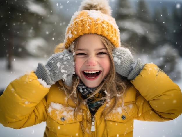 garoto aproveita o dia de inverno com neve em pose lúdica