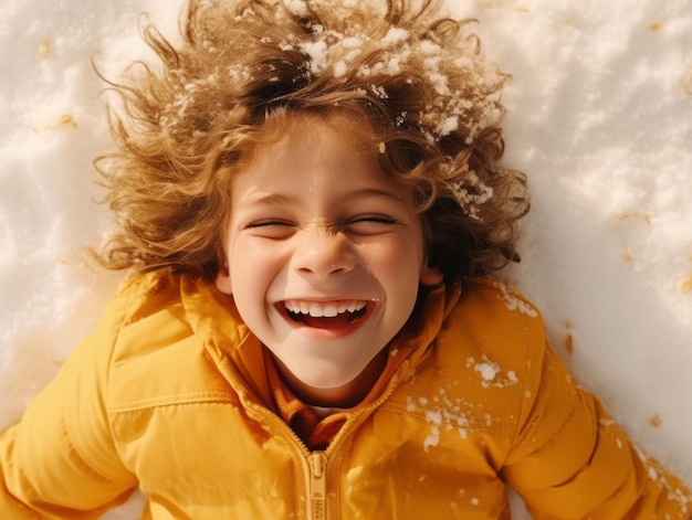 garoto aproveita o dia de inverno com neve em pose lúdica