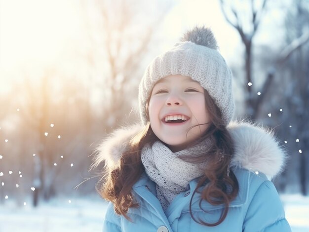 garoto aproveita o dia de inverno com neve em pose lúdica