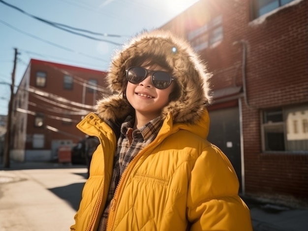 garoto aproveita o dia de inverno com neve em pose lúdica