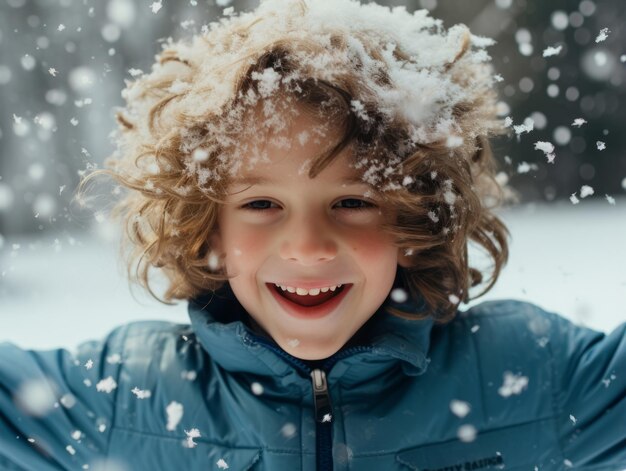 garoto aproveita o dia de inverno com neve em pose lúdica