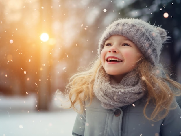 garoto aproveita o dia de inverno com neve em pose lúdica