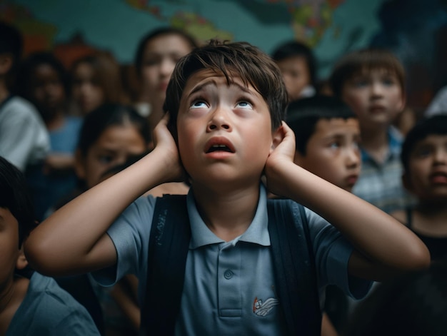 Garoto asiático em pose dinâmica emocional na escola