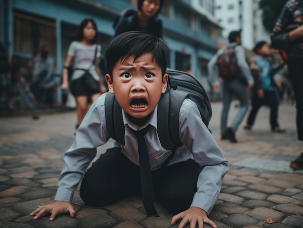 Garoto asiático em pose dinâmica emocional na escola