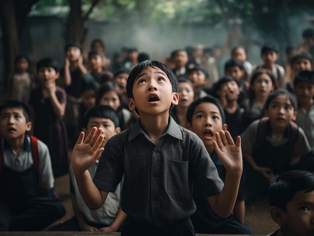 Garoto asiático em pose dinâmica emocional na escola