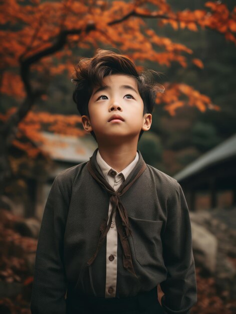 Foto garoto asiático em pose dinâmica emocional no fundo do outono