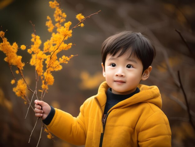Garoto asiático em pose dinâmica emocional no fundo do outono