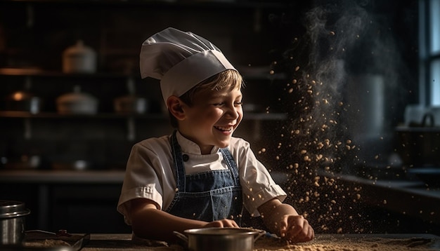 Garoto bonito assando biscoitos com pai chef alegre gerado por IA