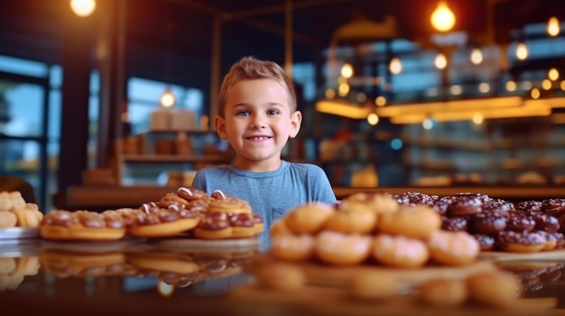 Garoto bonito de 5 anos com rosquinhas no fundo do café desfocado