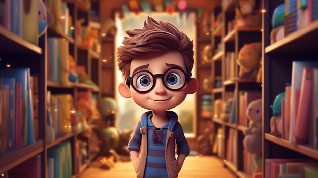 Garoto bonito de óculos parado na frente da estante Ilustração de livro infantil dos desenhos animados IA generativa
