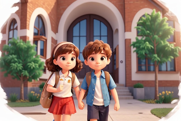 Garoto bonito, menino e menina, de mãos dadas e vão para a escola juntos