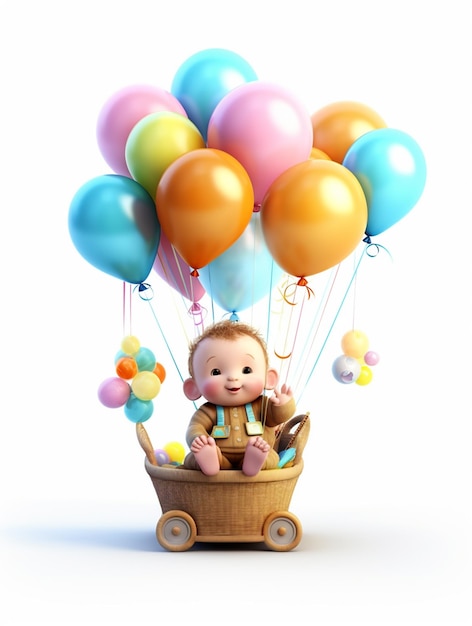 Garoto bonito sentado em uma cesta e segurando balões coloridos