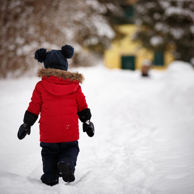 Garoto bonito vestindo uma jaqueta vermelha e um chapéu de malha com dois pompons na floresta de inverno coberta de neve