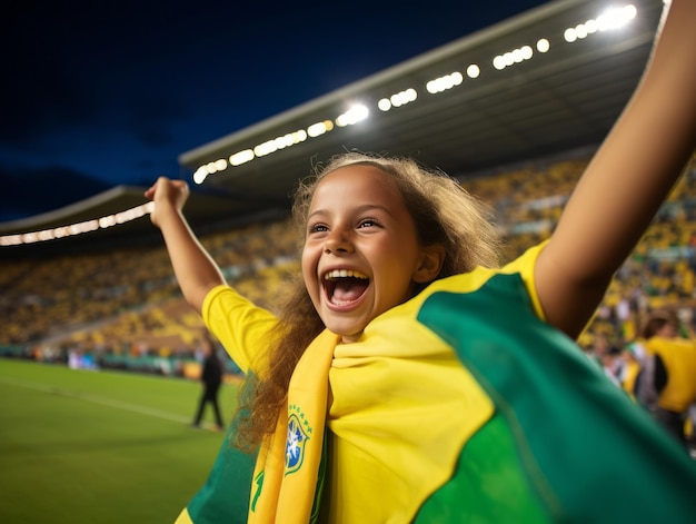 Foto garoto brasileiro comemora vitória do time de futebol