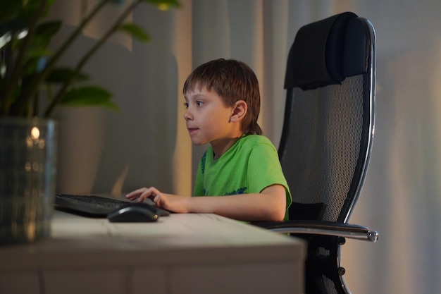 Garoto caucasiano bonito jogando videogame no computador desktop em casa