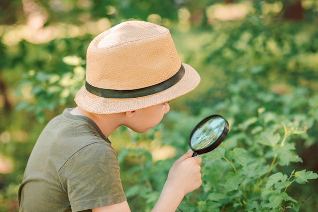 Garoto caucasiano explorando o ambiente natural com uma lupa de lupa