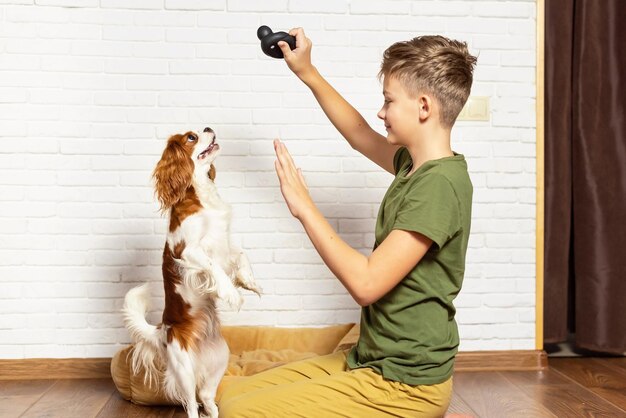 Garoto com cachorro dentro de casa. Garoto adolescente está treinando seu filhote em casa. Garoto feliz jogando abraçando seus animais domésticos de cachorrinho de estimação engraçados. Melhor amigo e animal de estimação. Adoravel Cao.