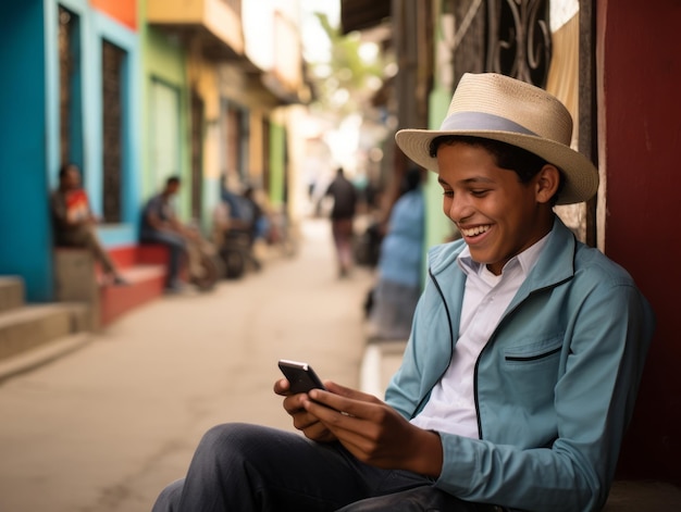 garoto da Colômbia usando smartphone para jogar