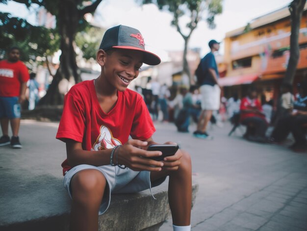 garoto da Colômbia usando smartphone para jogar