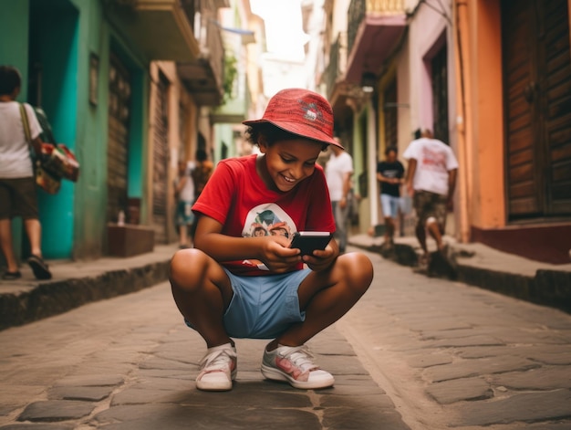 garoto da Colômbia usando smartphone para jogar