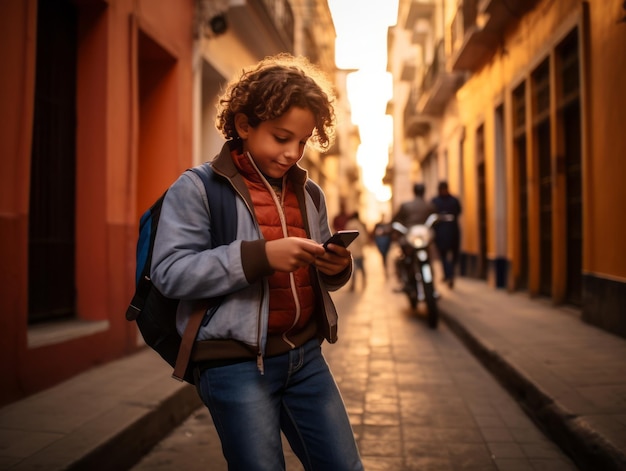 garoto da Colômbia usando smartphone para jogar