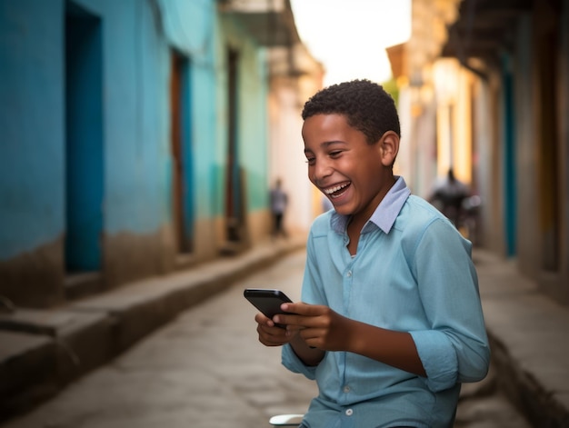 garoto da Colômbia usando smartphone para jogar