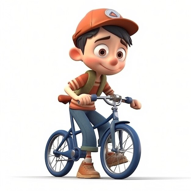 Garoto de desenho animado bonito andando de bicicleta em fundo branco criado com IA generativa