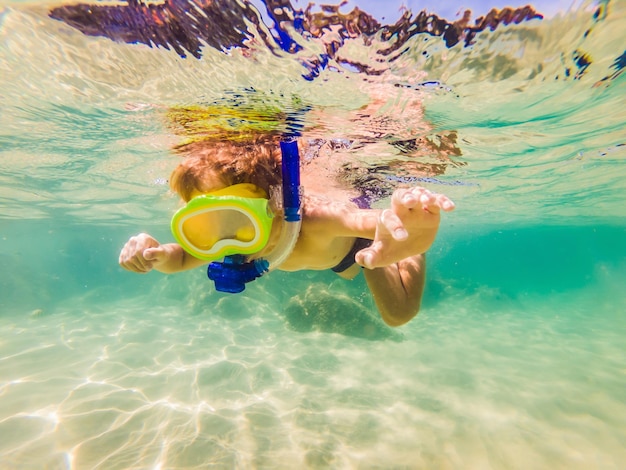 Garoto de estudo da natureza subaquática mergulhando no mar azul claro