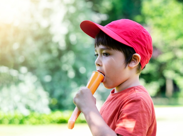 Garoto de retrato comendo gelo lolli