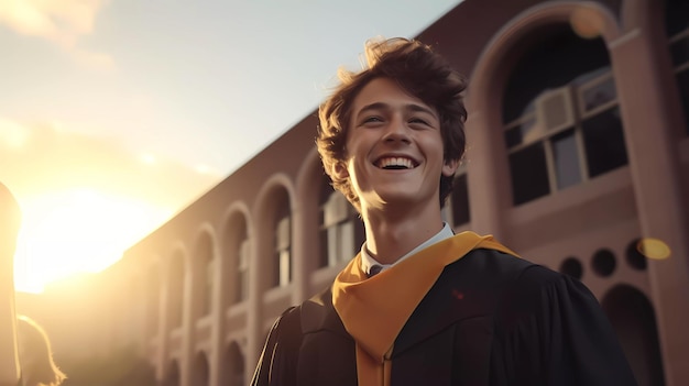 Foto garoto do ensino médio com boné e vestido de formatura no dia da formatura educação universitária e pessoas