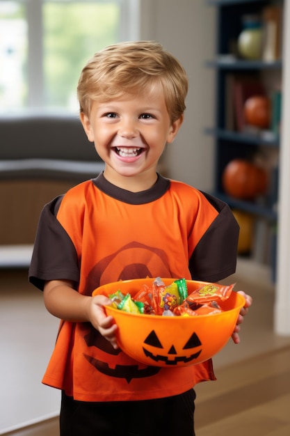 Garoto fantasiado de Halloween segurando uma tigela de doces com um sorriso travesso