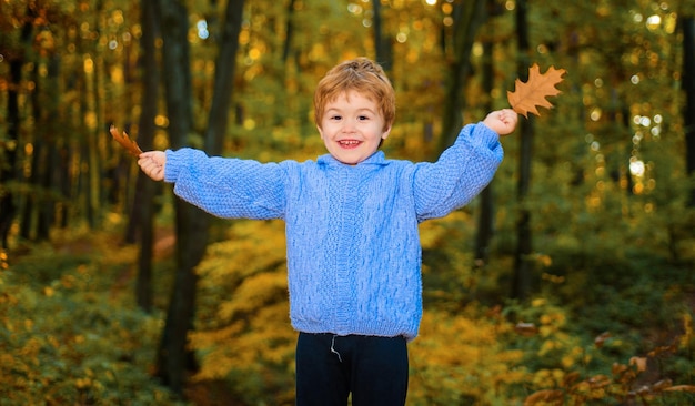 Garoto feliz brincando no parque de outono garoto bonitinho de suéter com folhas de carvalho de outono na floresta