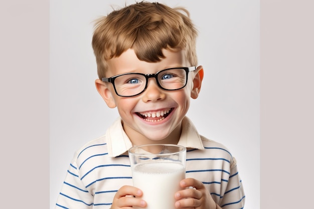 Garoto feliz com um copo de leite ideal para seu crescimento saudável fundo de estúdio branco isolado AI gerado