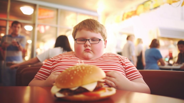 Garoto feliz e gordo de 7 anos com um hambúrguer no café