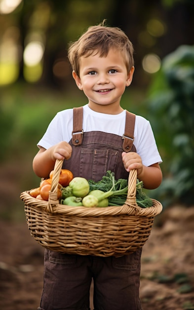 Garoto feliz jardineiro com vegetais colhidos em uma cesta no quintal Colheita de outono