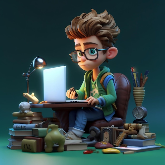 Garoto fofo de personagem 3d usa laptop uma ilustração de garoto fofo 3d