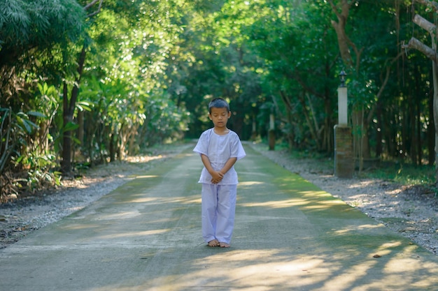 garoto na roupa branca, a prática de caminhada Meditação na árvore da floresta com a paz em min