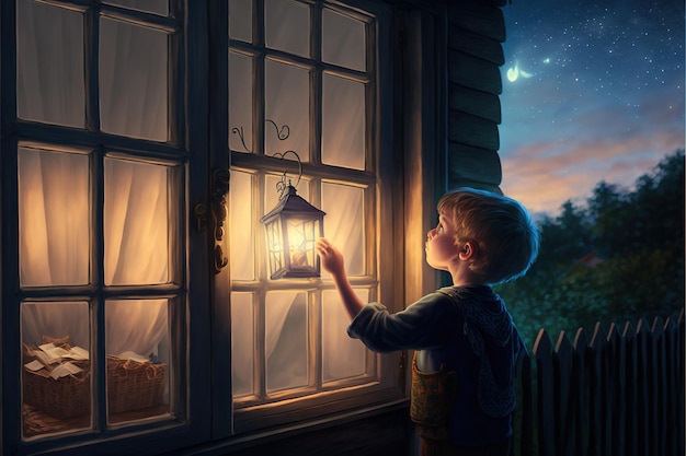 Garoto segurando uma lanterna e olhando para a janela dimensional das estrelas Criança segurando uma lanterna com luz perto da janela pintura de ilustração de estilo de arte digital
