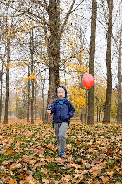 Garoto solitário caminhando no parque na temporada de outono com um balão vermelho em suas férias