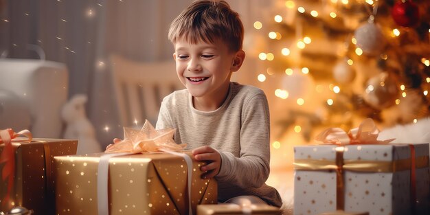 Garoto sorridente feliz desembrulhando caixas de presente enquanto está sentado perto da árvore de Natal com luz brilhante com A