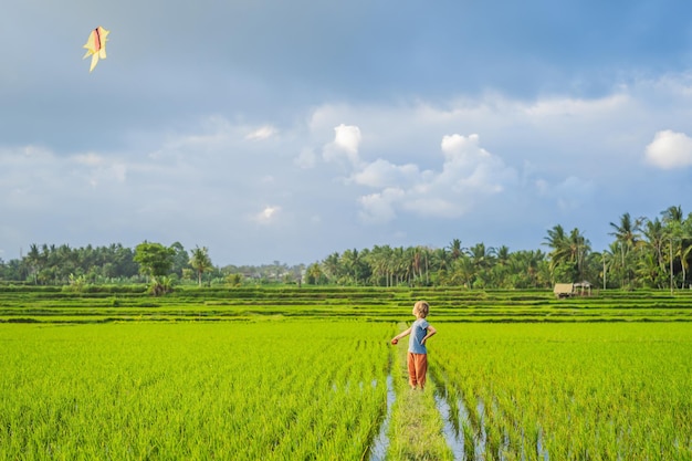 Garoto turista lança uma pipa em um campo de arroz viajando com crianças conceito lugar amigável para crianças