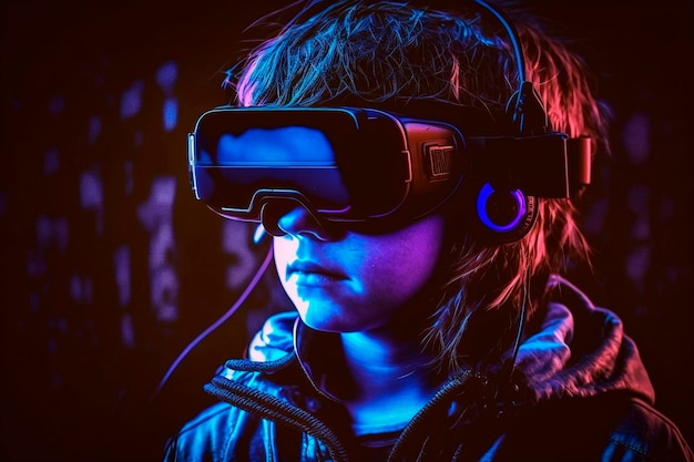 Garoto usando óculos de realidade virtual para jogar videogame Metaverse VR neon generative ai