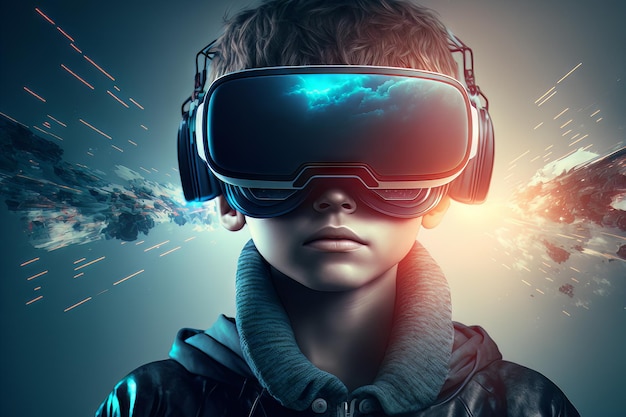 Garoto usando óculos de realidade virtual para jogar videogame no Metaverso