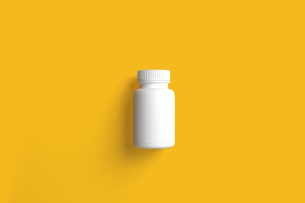 Garrafa branca para comprimidos em uma ilustração de renderização 3D de fundo amarelo
