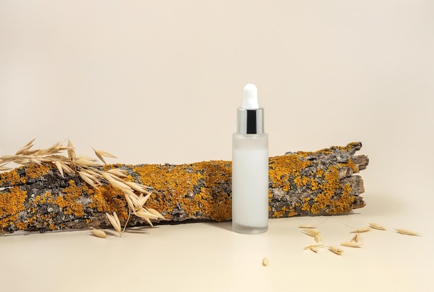 Foto garrafa com uma pipeta a casca de uma árvore com líquenes e orelhas de aveia em um fundo bege