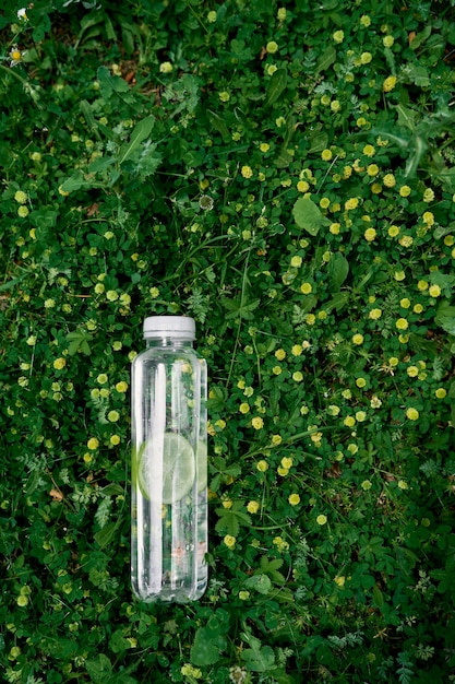 Garrafa de água com limão deitada na grama verde entre flores silvestres amarelas