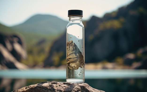 Garrafa de água cristalina e clara em uma rocha preta com paisagem montanhosa