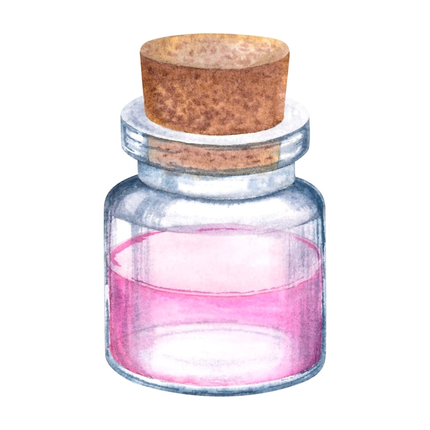 Foto garrafa de água de vidro com tampa de madeira em fundo isolado ilustração de aquarela desenhada à mão